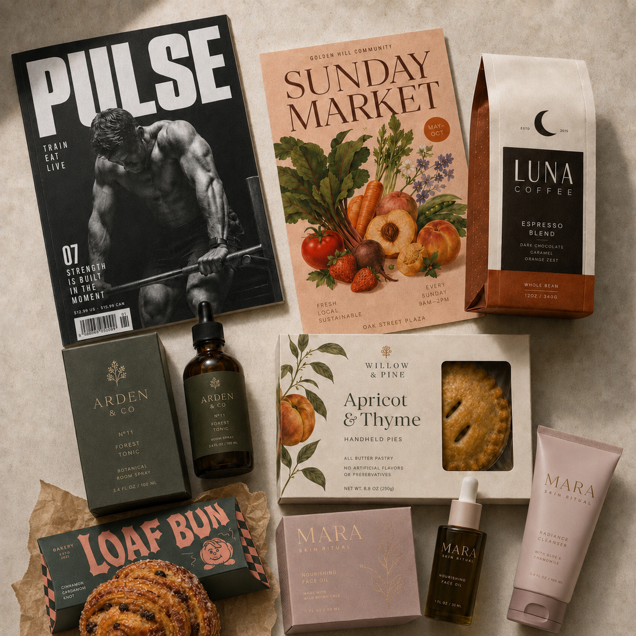 A collage of creative brand examples including a fitness magazine, market poster, coffee packaging, skincare packaging, bakery packaging, and food packaging