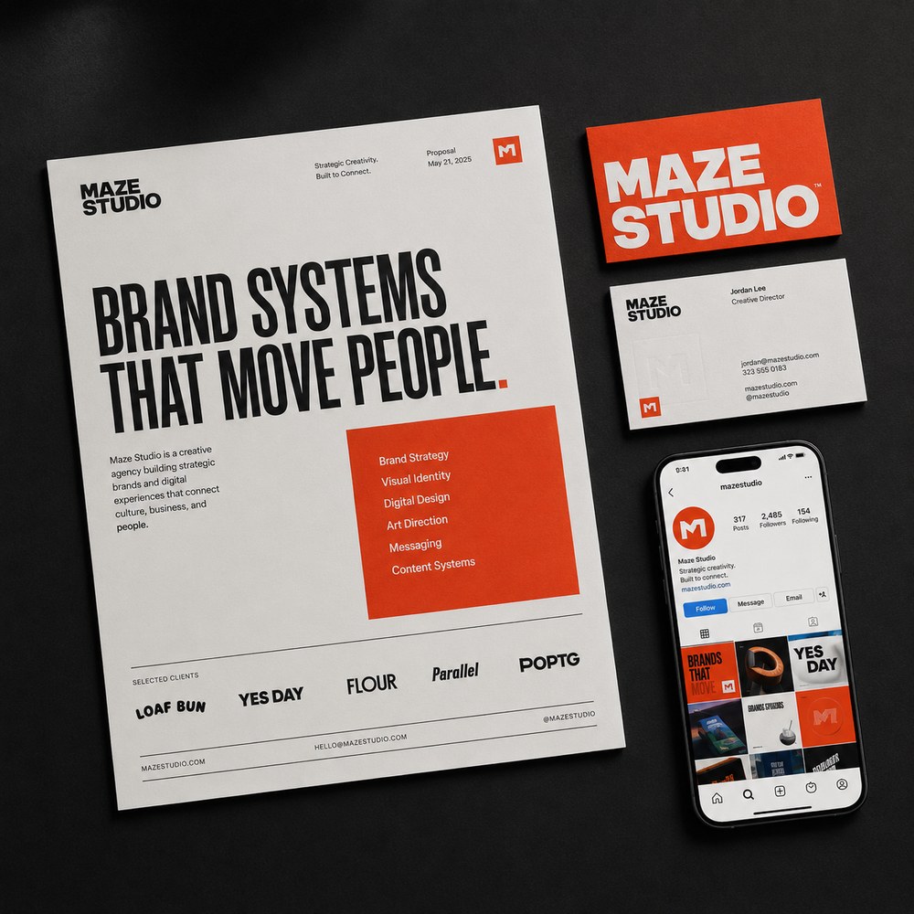 Maze Studio proposal, business card, and social profile mockup