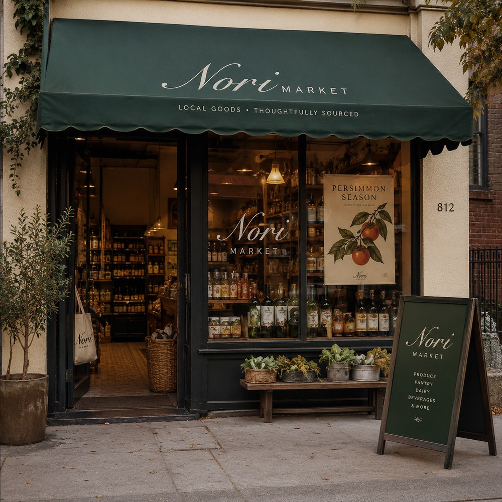 Nori Market storefront with awning, window signage, and seasonal poster