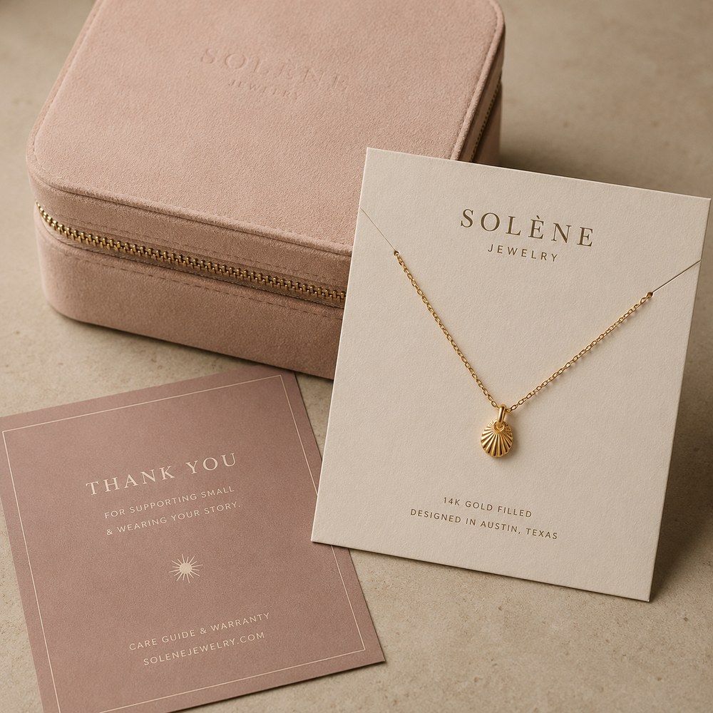 Solène Jewelry packaging, necklace card, thank-you card, and jewelry pouch mockup