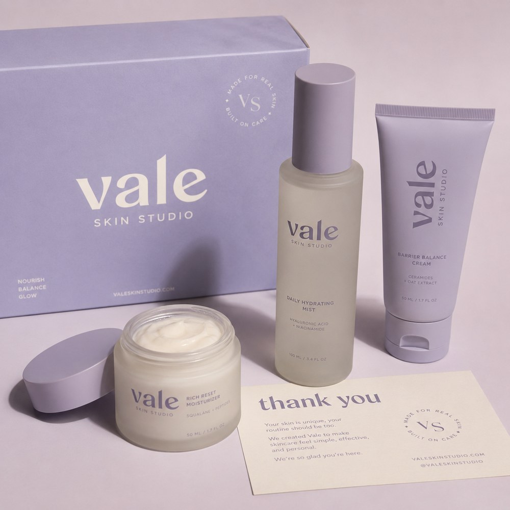 Vale Skin Studio skincare packaging, bottle, tube, and thank-you card mockup